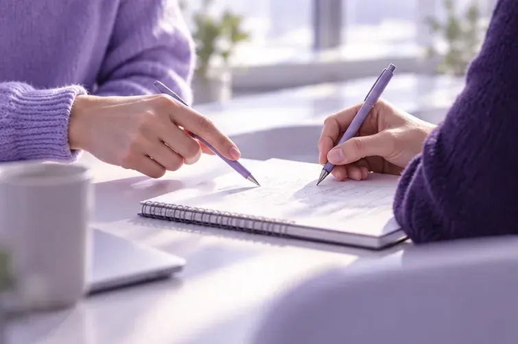Une main pointe une page de carnet pendant qu’une autre prend des notes.