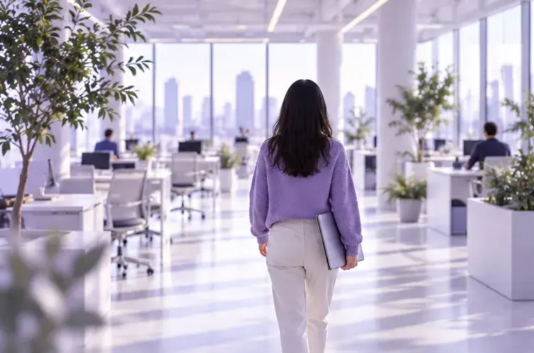 Une collaboratrice traverse un bureau lumineux, un ordinateur portable sous le bras.