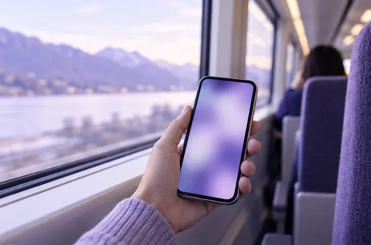 Une main tient un téléphone dans un train, le paysage défile.
