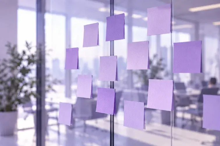 Des post-it lavande sur un mur vitré, lors d’un atelier d’équipe.